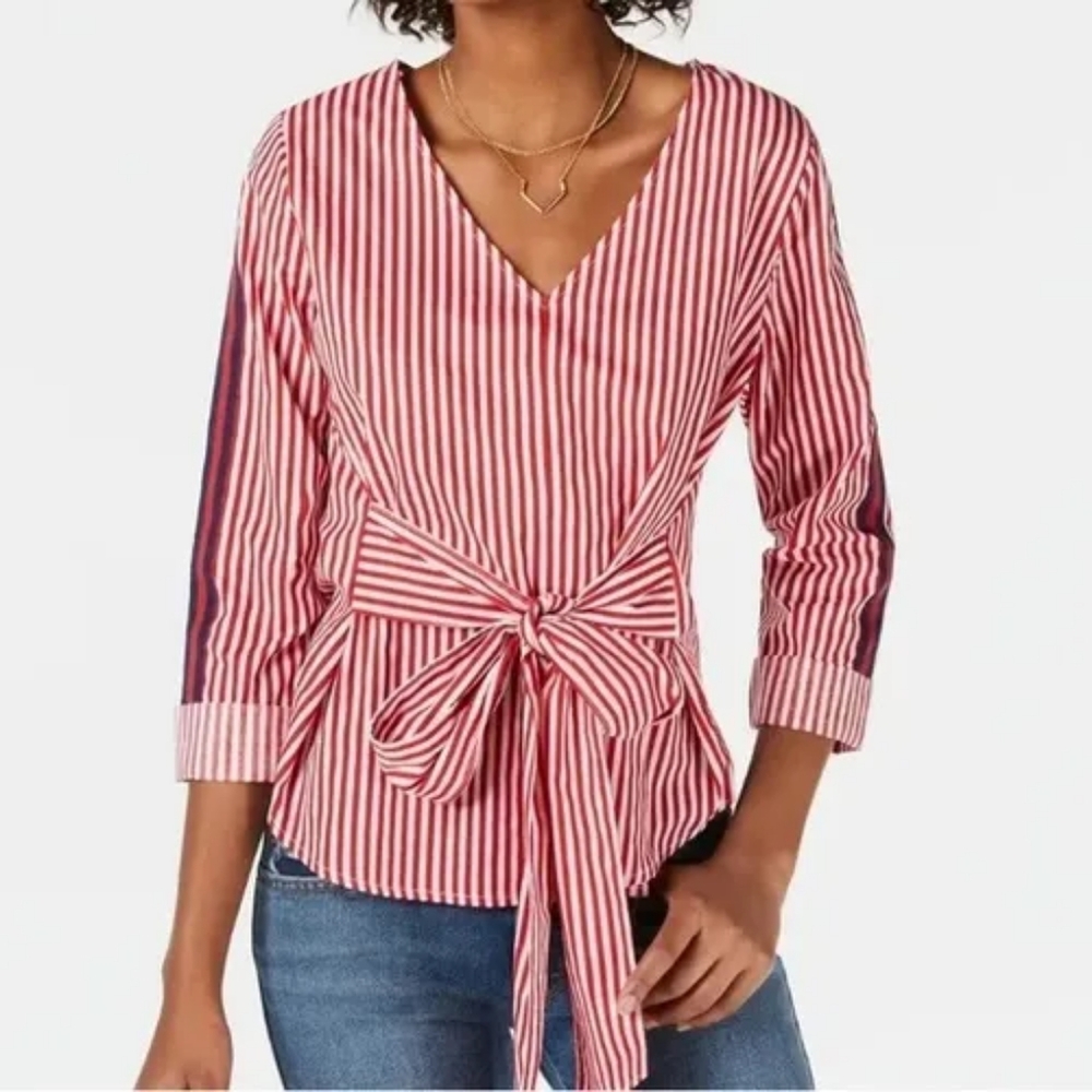 Crave Fame Red & White Striped V Neck Tie Front Top Size XL
